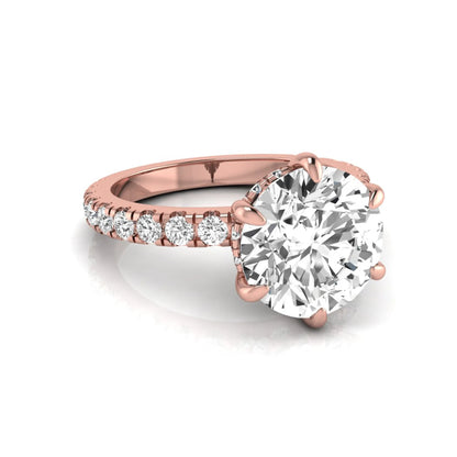 Round hidden halo lab grown diamond engagement ring featuring a 2.75 carat round center diamond with six-prong setting and accent round diamonds in rose gold design.