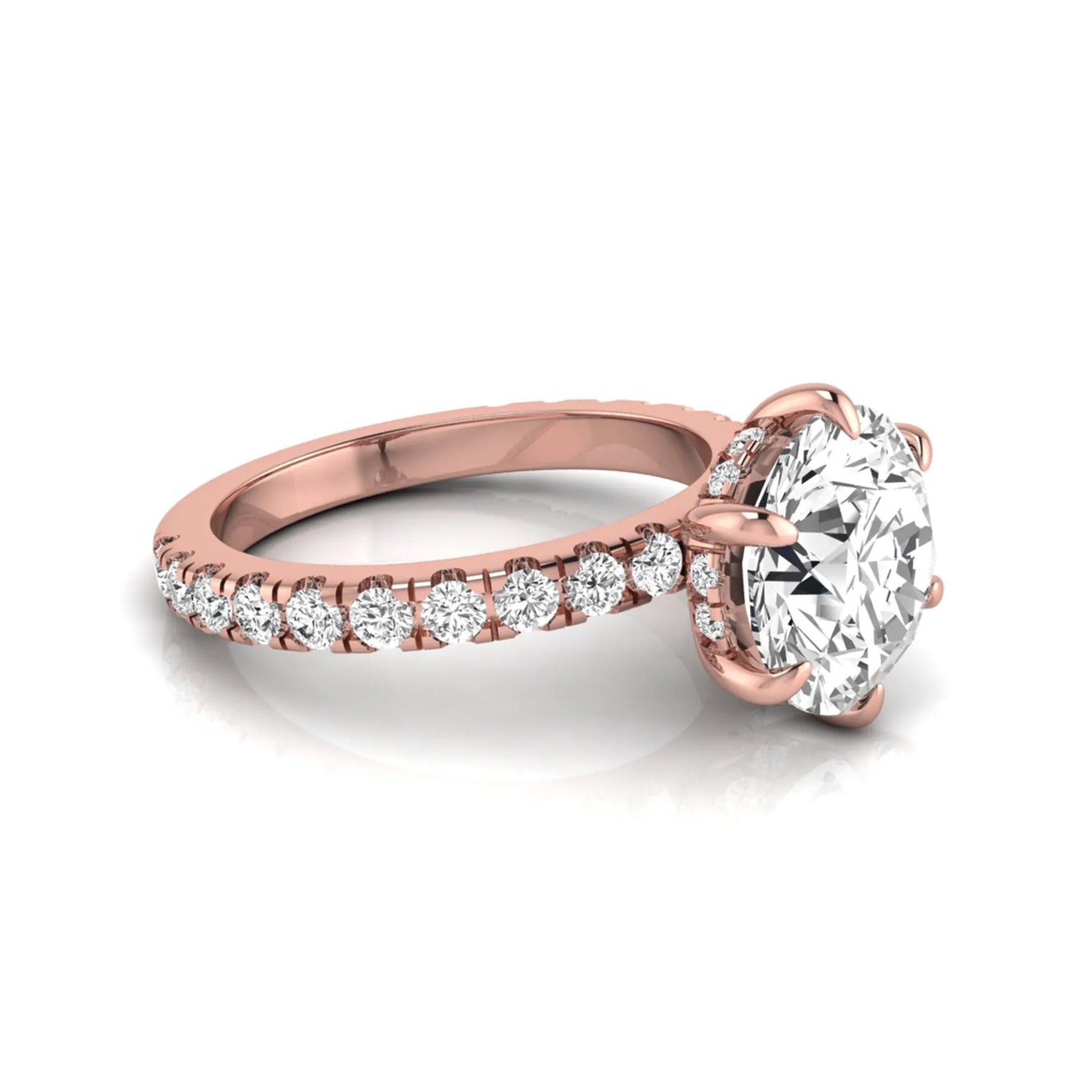 Round hidden halo lab grown diamond engagement ring featuring a 2.75 carat round center diamond with six-prong setting and accent round diamonds in rose gold design.