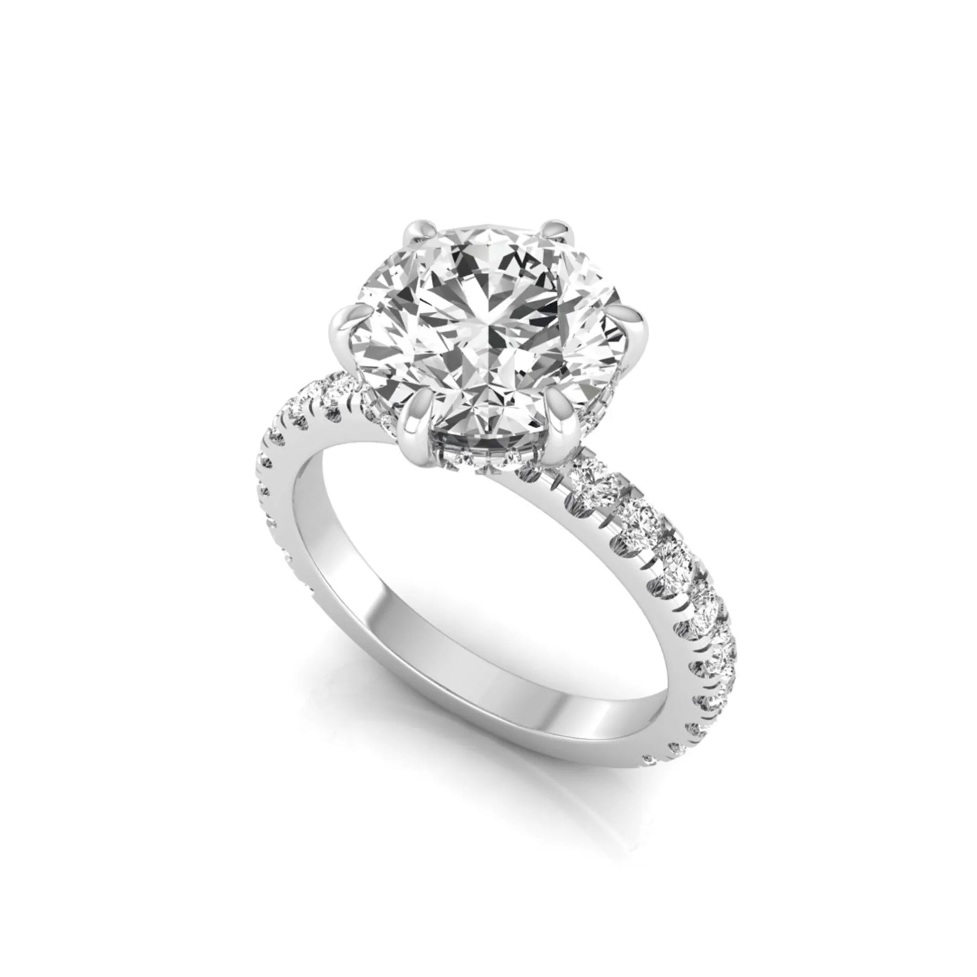 Round hidden halo lab grown diamond engagement ring featuring a 2.75 carat round center diamond with six-prong setting and accent round diamonds in white gold design.