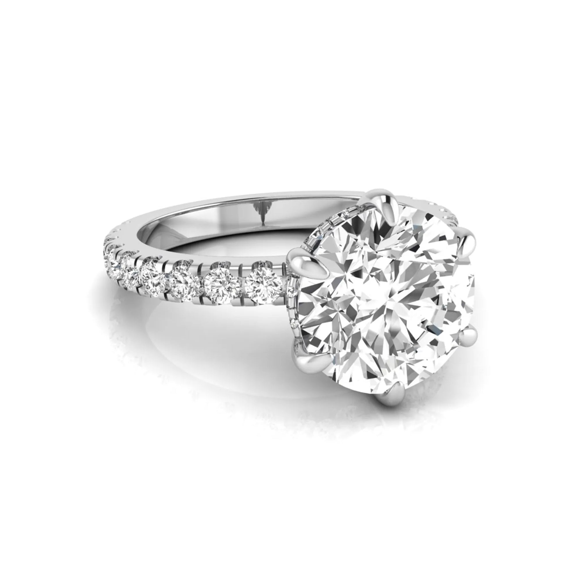 Round hidden halo lab grown diamond engagement ring featuring a 2.75 carat round center diamond with six-prong setting and accent round diamonds in white gold design.