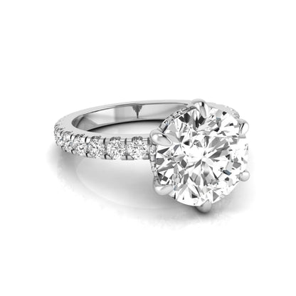 Round hidden halo lab grown diamond engagement ring featuring a 2.75 carat round center diamond with six-prong setting and accent round diamonds in white gold design.