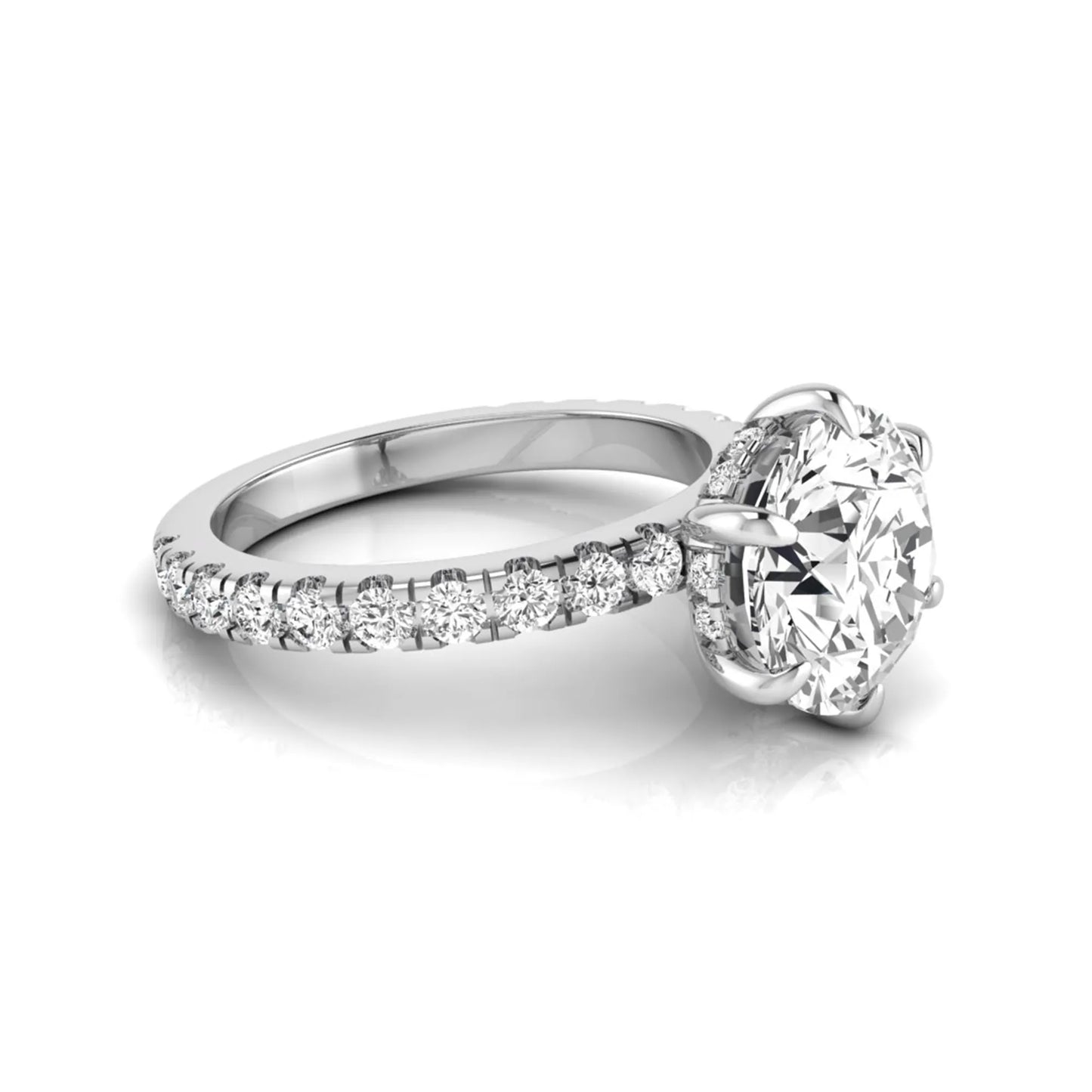 Round hidden halo lab grown diamond engagement ring featuring a 2.75 carat round center diamond with six-prong setting and accent round diamonds in white gold design.
