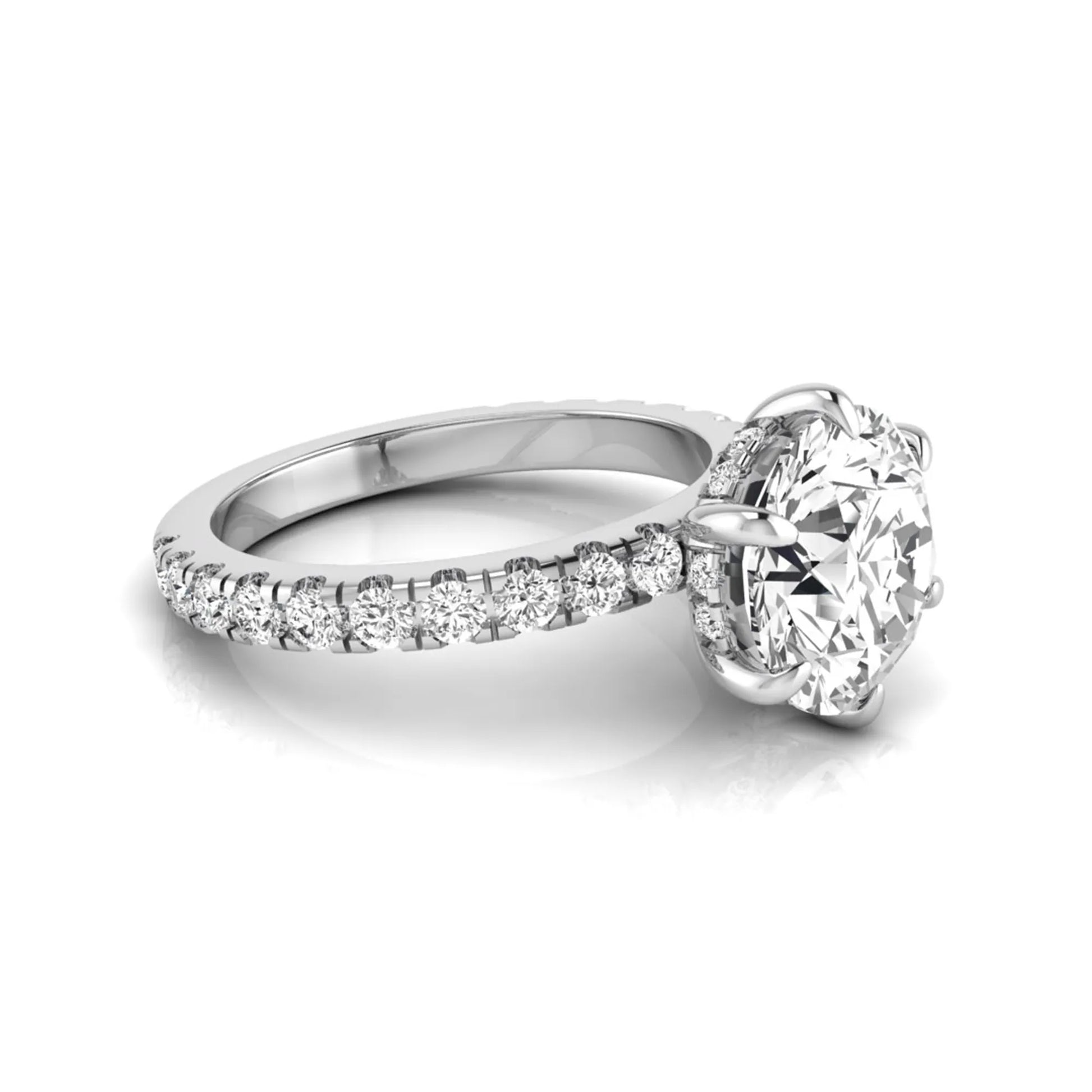 Round hidden halo lab grown diamond engagement ring featuring a 2.75 carat round center diamond with six-prong setting and accent round diamonds in white gold design.