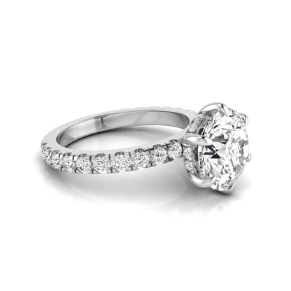 Round hidden halo lab grown diamond engagement ring featuring a 2.75 carat round center diamond with six-prong setting and accent round diamonds in white gold design.