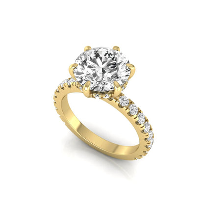 Round hidden halo lab grown diamond engagement ring featuring a 2.75 carat round center diamond with six-prong setting and accent round diamonds in yellow gold design.