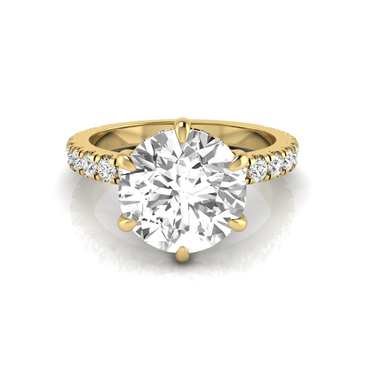 Round hidden halo lab grown diamond engagement ring featuring a 2.75 carat round center diamond with six-prong setting and accent round diamonds in yellow gold design.