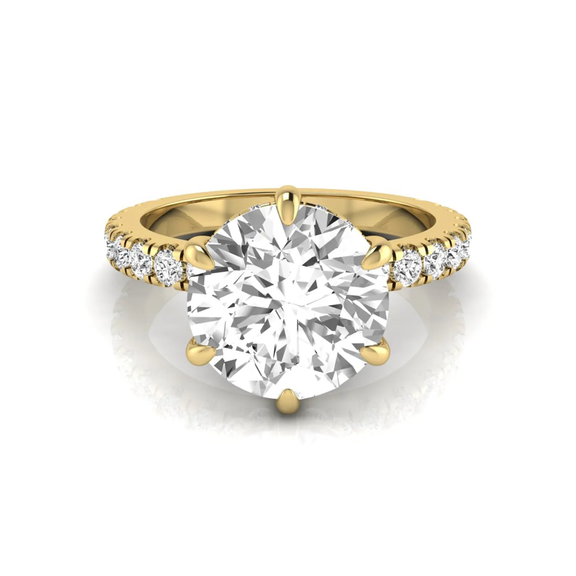Round hidden halo lab grown diamond engagement ring featuring a 2.75 carat round center diamond with six-prong setting and accent round diamonds in yellow gold design.
