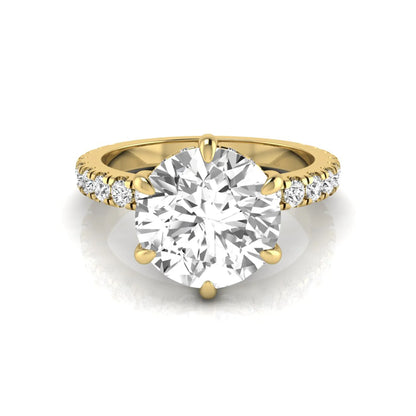 Round hidden halo lab grown diamond engagement ring featuring a 2.75 carat round center diamond with six-prong setting and accent round diamonds in yellow gold design.