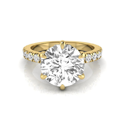 Round hidden halo lab grown diamond engagement ring featuring a 2.75 carat round center diamond with six-prong setting and accent round diamonds in yellow gold design.