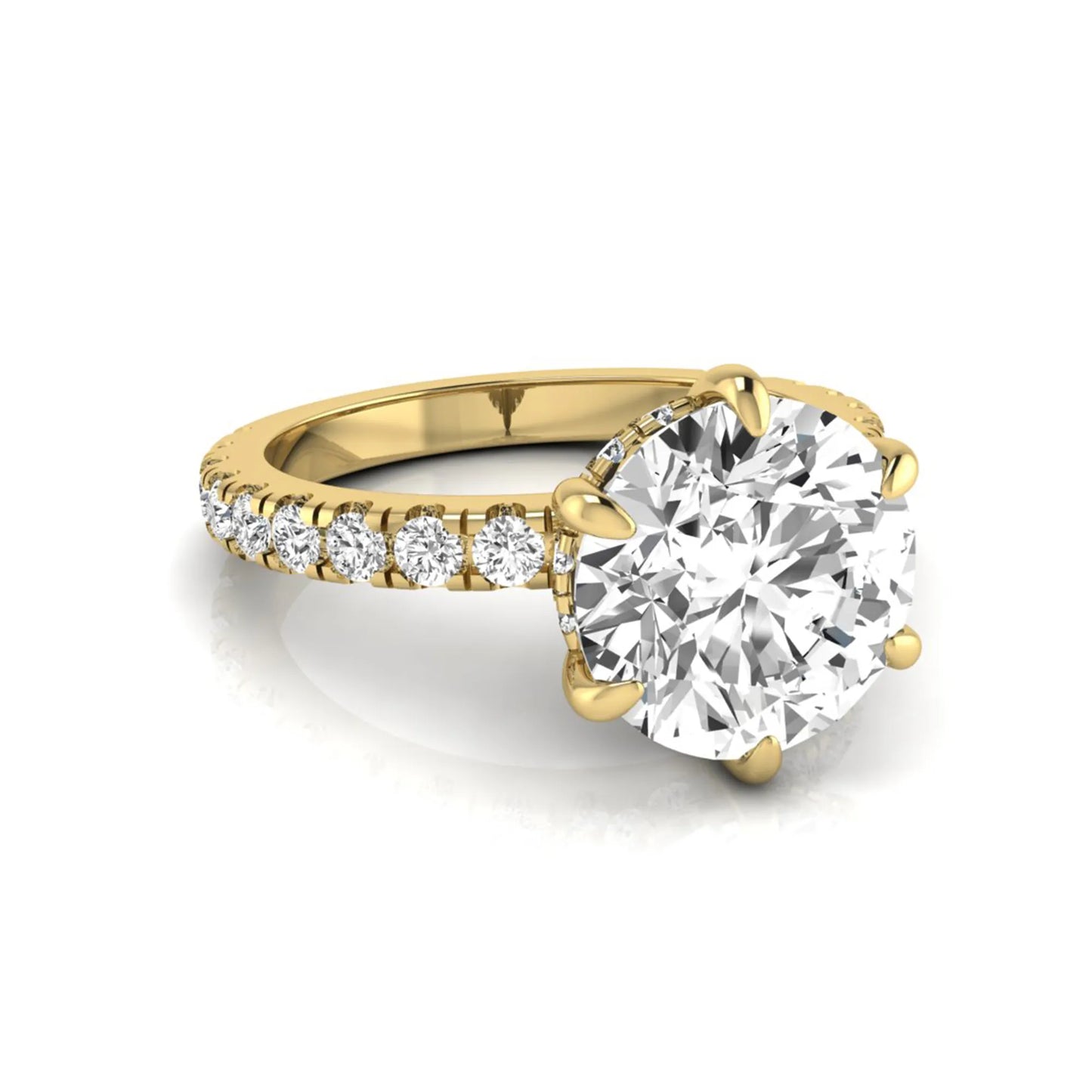 Round hidden halo lab grown diamond engagement ring featuring a 2.75 carat round center diamond with six-prong setting and accent round diamonds in yellow gold design.