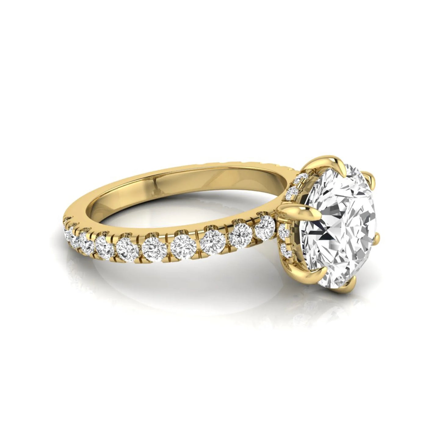Round hidden halo lab grown diamond engagement ring featuring a 2.75 carat round center diamond with six-prong setting and accent round diamonds in yellow gold design.