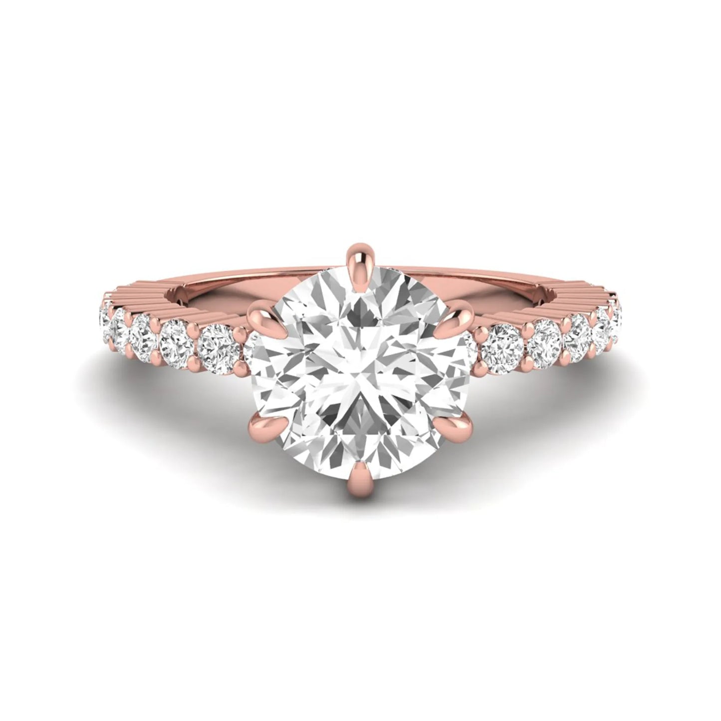 Round hidden halo lab grown diamond engagement ring featuring a round cut center diamond with pavé band in rose gold design.