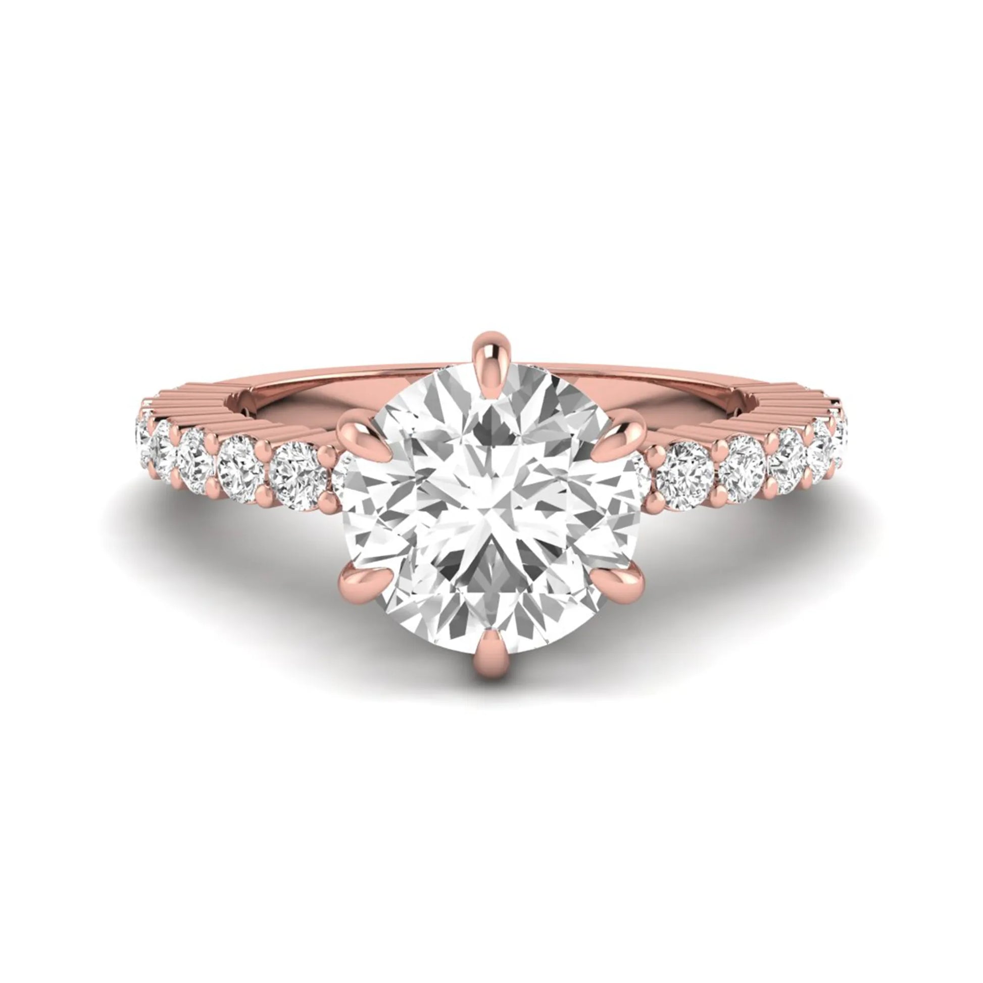 Round hidden halo lab grown diamond engagement ring featuring a round cut center diamond with pavé band in rose gold design.