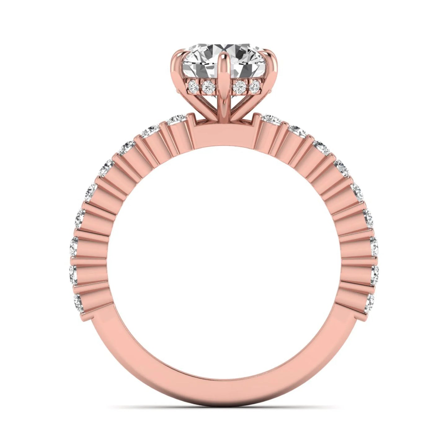 Round hidden halo lab grown diamond engagement ring featuring a round cut center diamond with pavé band in rose gold design.