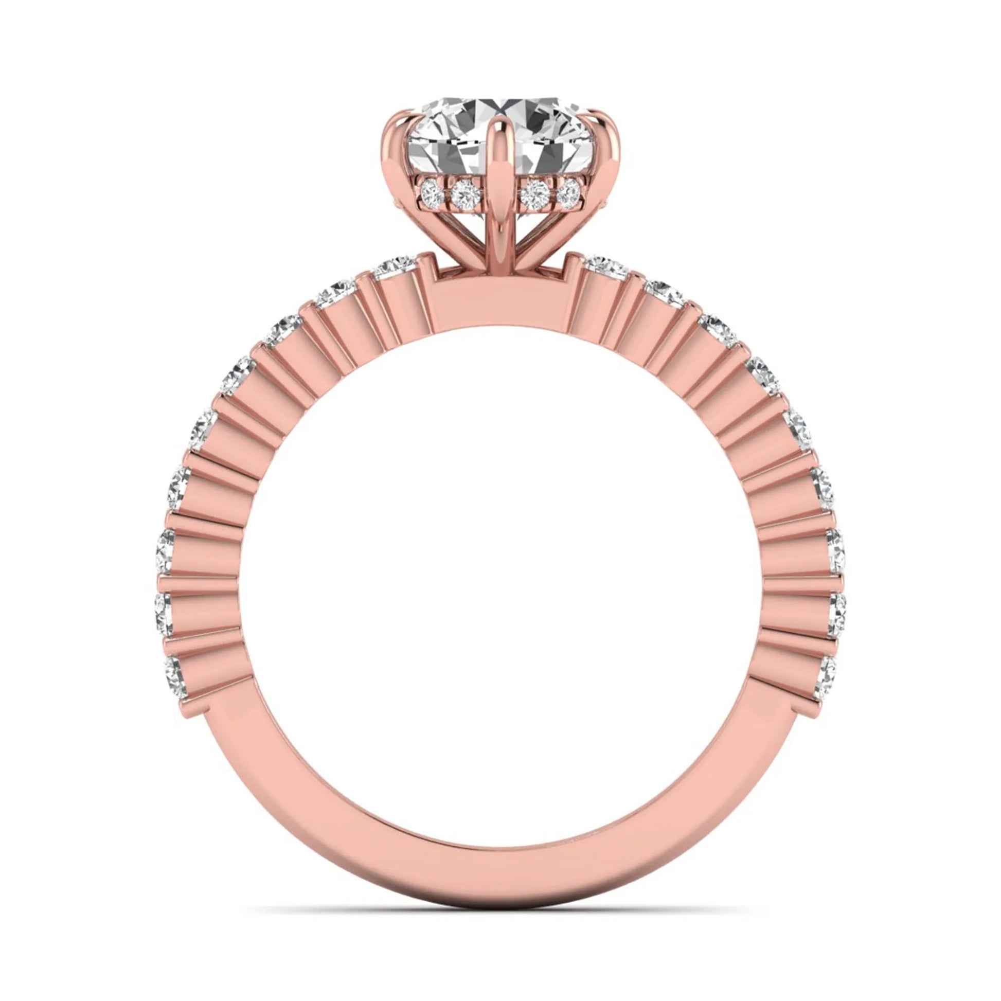 Round hidden halo lab grown diamond engagement ring featuring a round cut center diamond with pavé band in rose gold design.