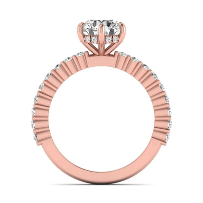 Round hidden halo lab grown diamond engagement ring featuring a round cut center diamond with pavé band in rose gold design.
