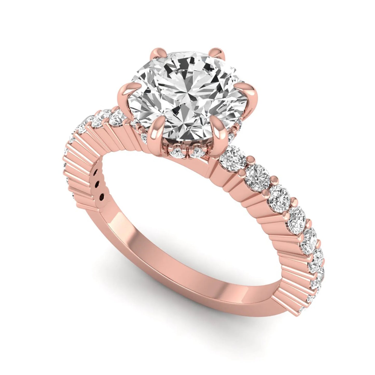 Round hidden halo lab grown diamond engagement ring featuring a round cut center diamond with pavé band in rose gold design.