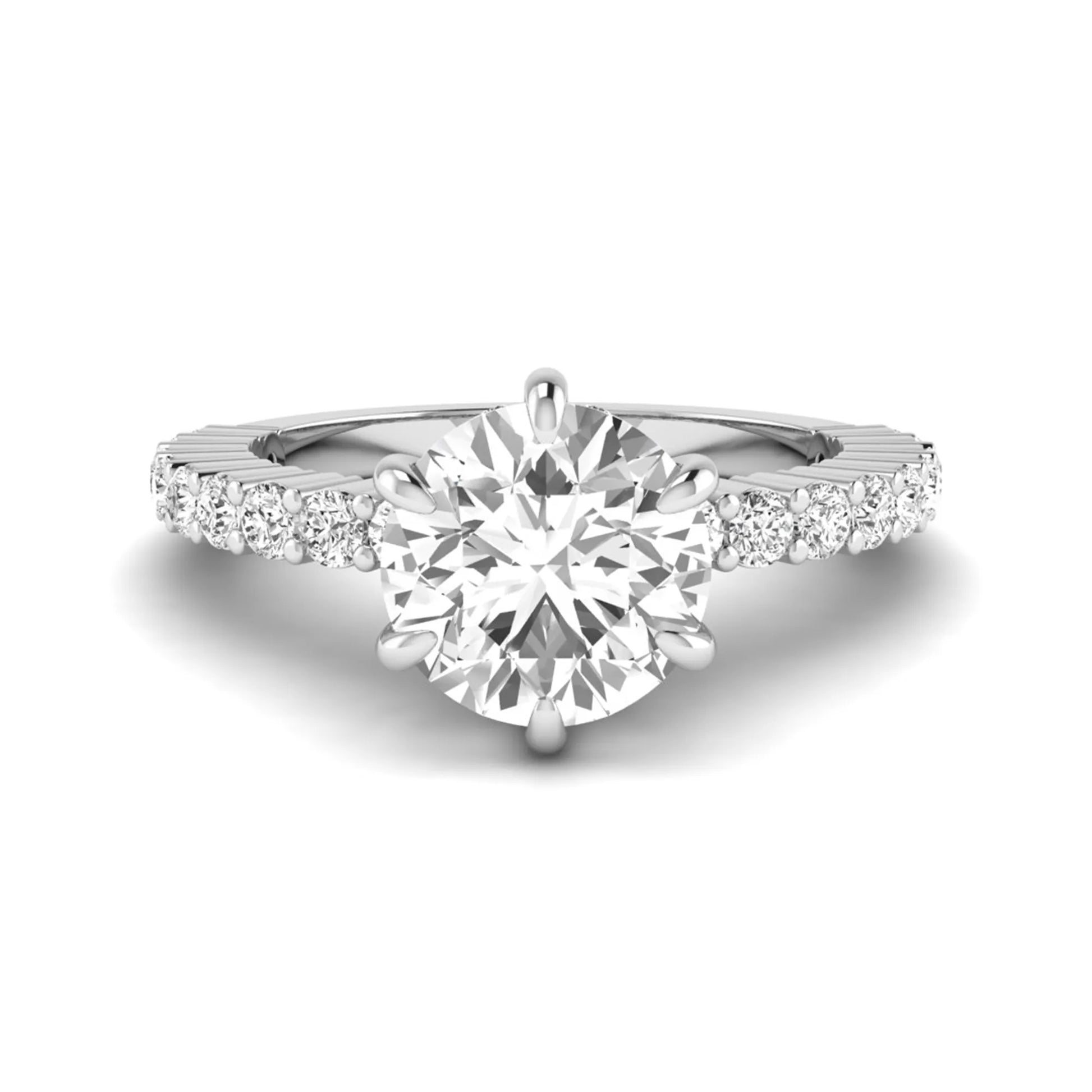 Round hidden halo lab grown diamond engagement ring featuring a round cut center diamond with pavé band in white gold design.