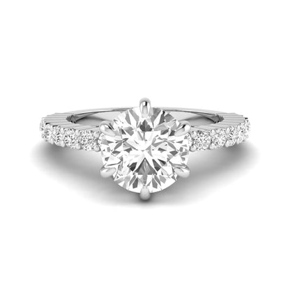 Round hidden halo lab grown diamond engagement ring featuring a round cut center diamond with pavé band in white gold design.