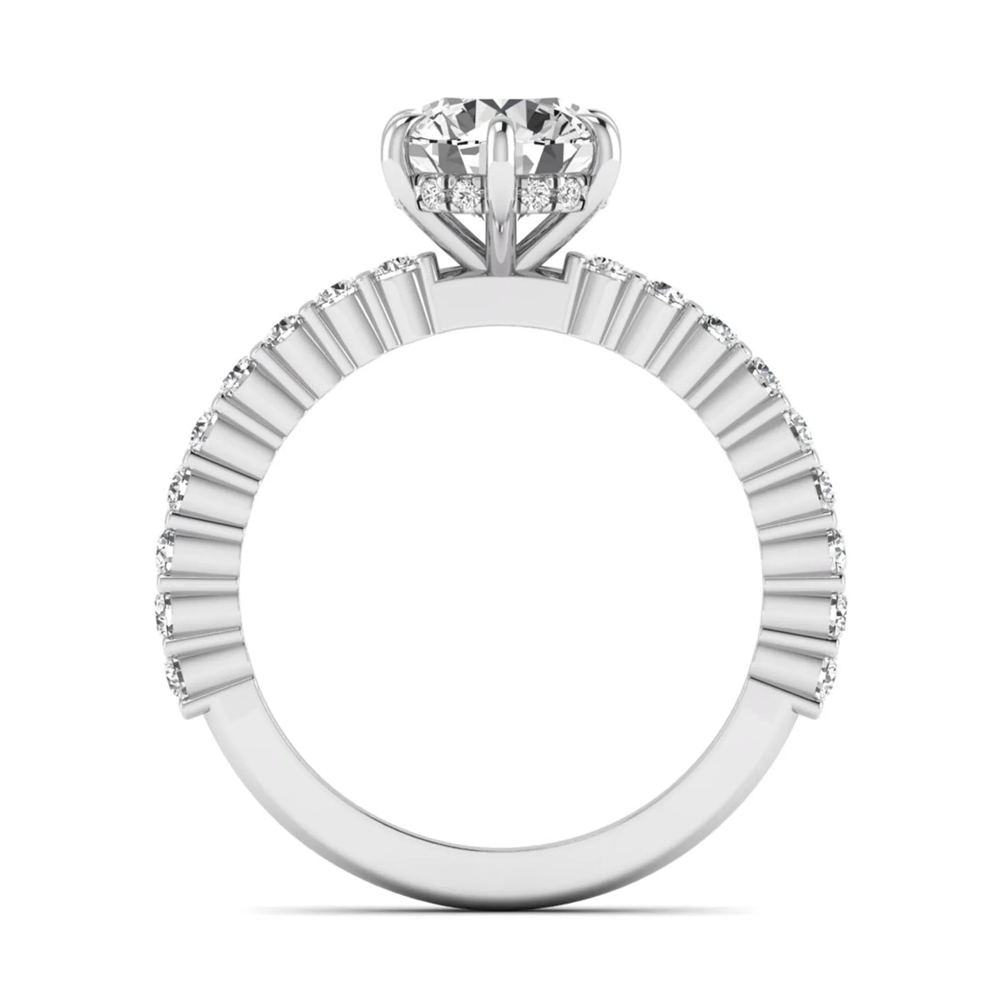 Round hidden halo lab grown diamond engagement ring featuring a round cut center diamond with pavé band in white gold design.
