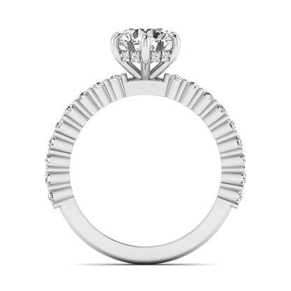 Round hidden halo lab grown diamond engagement ring featuring a round cut center diamond with pavé band in white gold design.