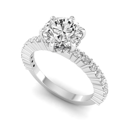 Round hidden halo lab grown diamond engagement ring featuring a round cut center diamond with pavé band in white gold design.