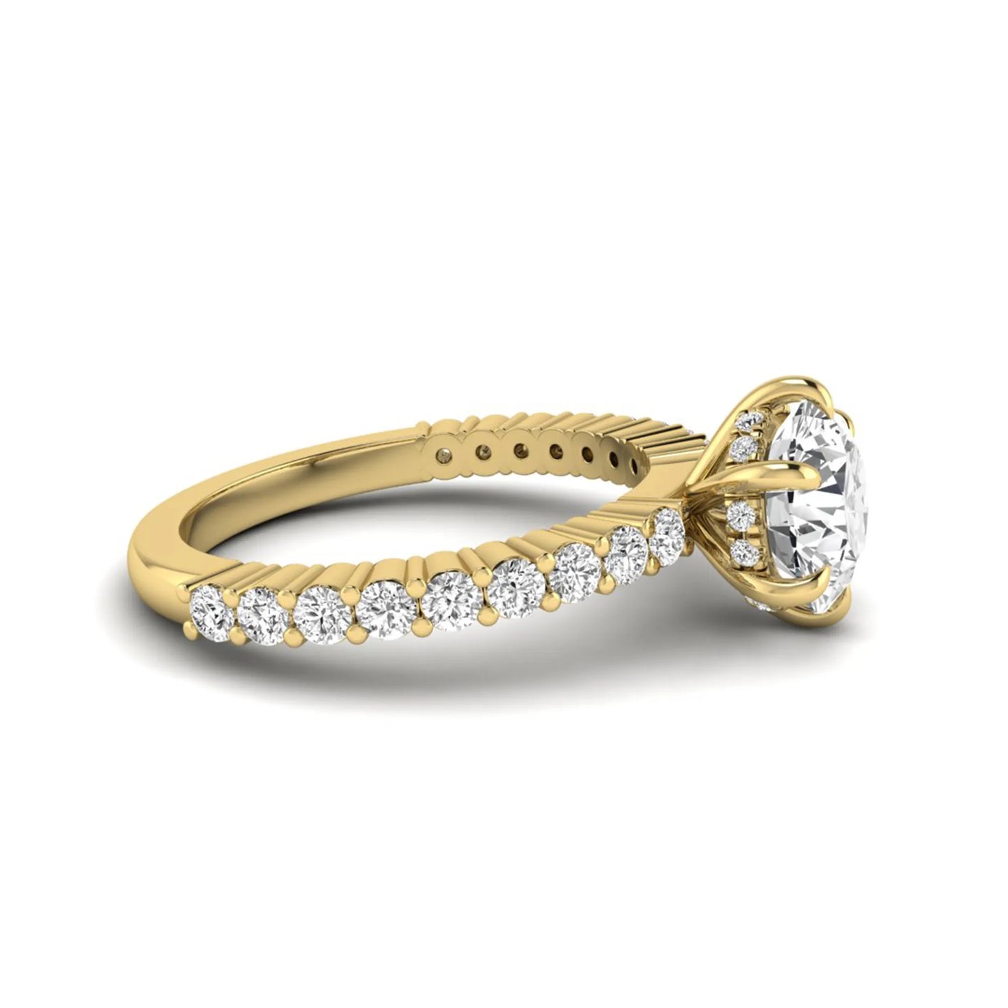 Round hidden halo lab grown diamond engagement ring featuring a round cut center diamond with pavé band in yellow gold design.