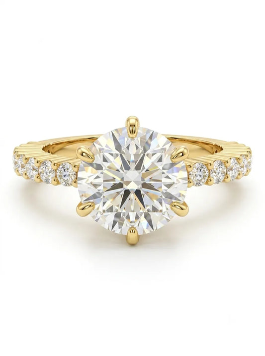Round hidden halo lab grown diamond engagement ring featuring a round cut center diamond with pavé band in yellow gold design.