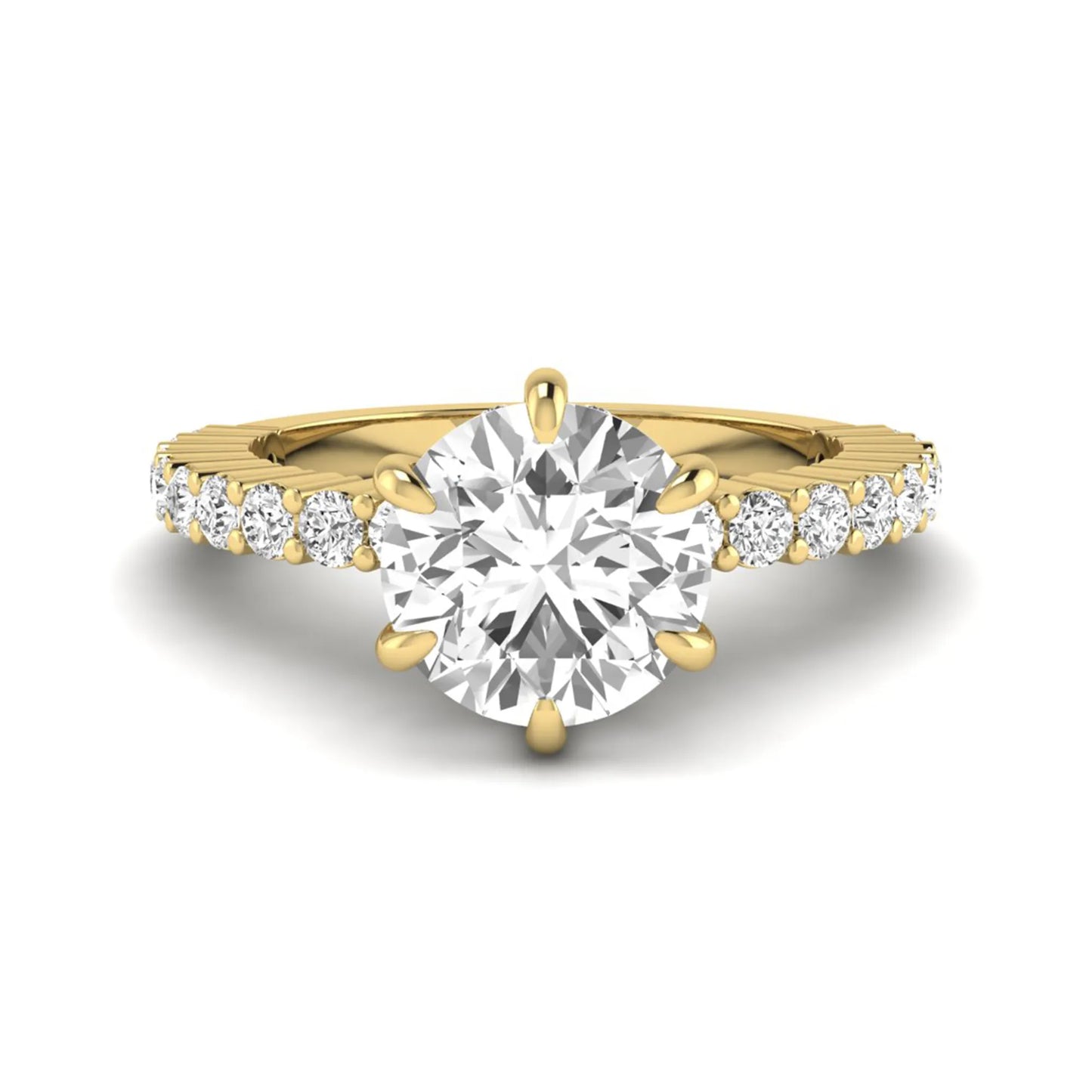 Round hidden halo lab grown diamond engagement ring featuring a round cut center diamond with pavé band in yellow gold design.