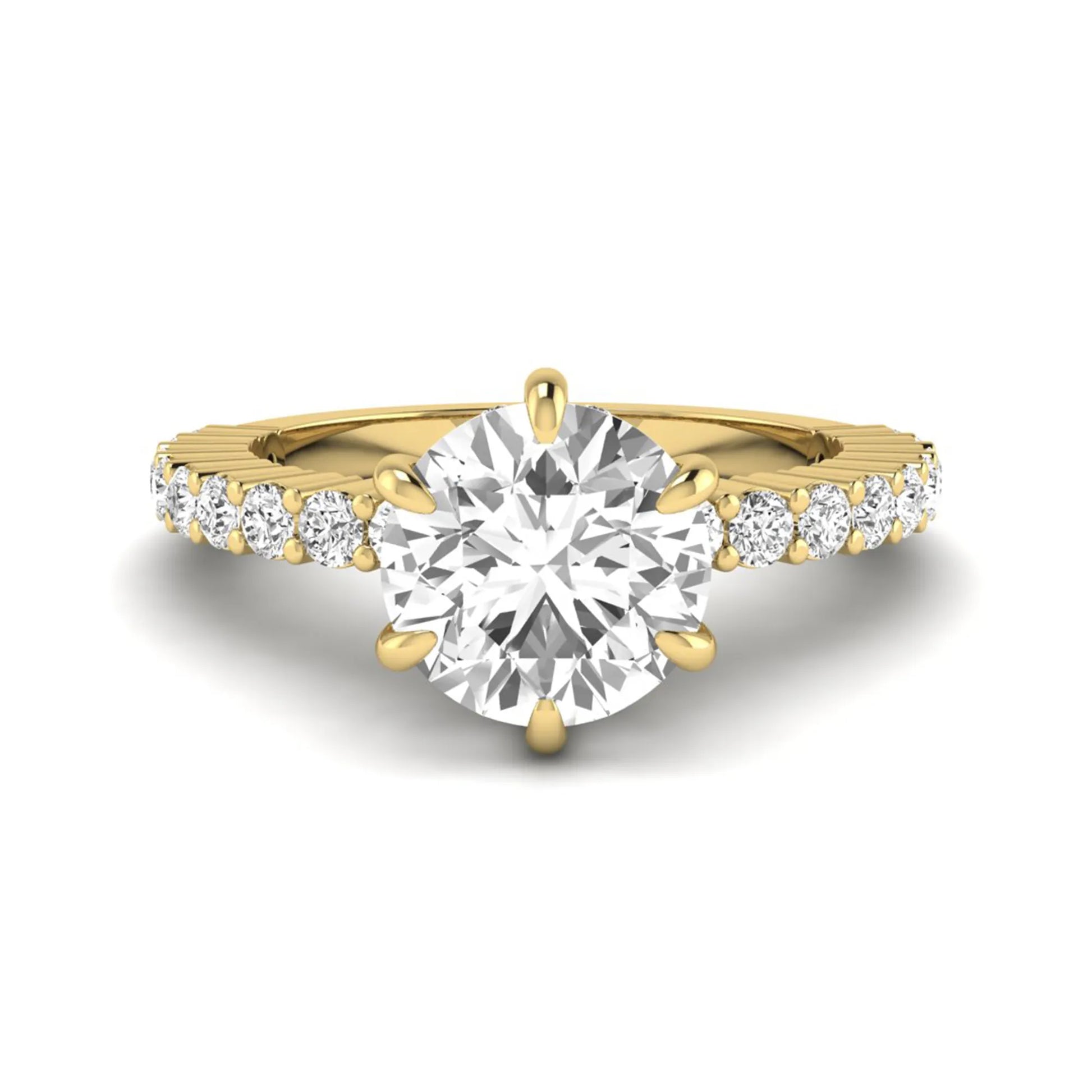 Round hidden halo lab grown diamond engagement ring featuring a round cut center diamond with pavé band in yellow gold design.