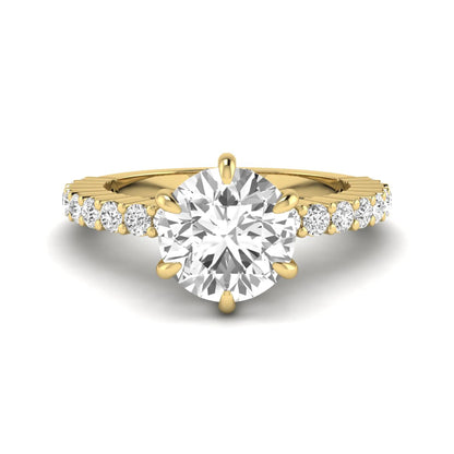 Round hidden halo lab grown diamond engagement ring featuring a round cut center diamond with pavé band in yellow gold design.