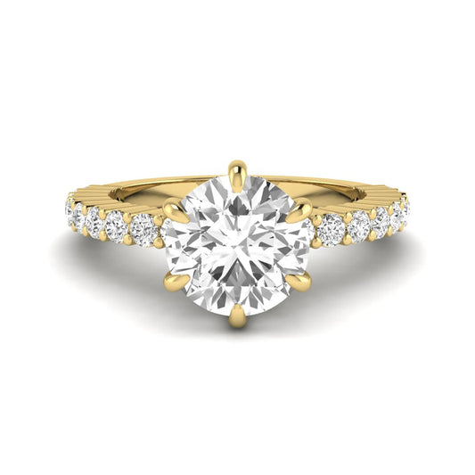 Round hidden halo lab grown diamond engagement ring featuring a round cut center diamond with pavé band in yellow gold design.