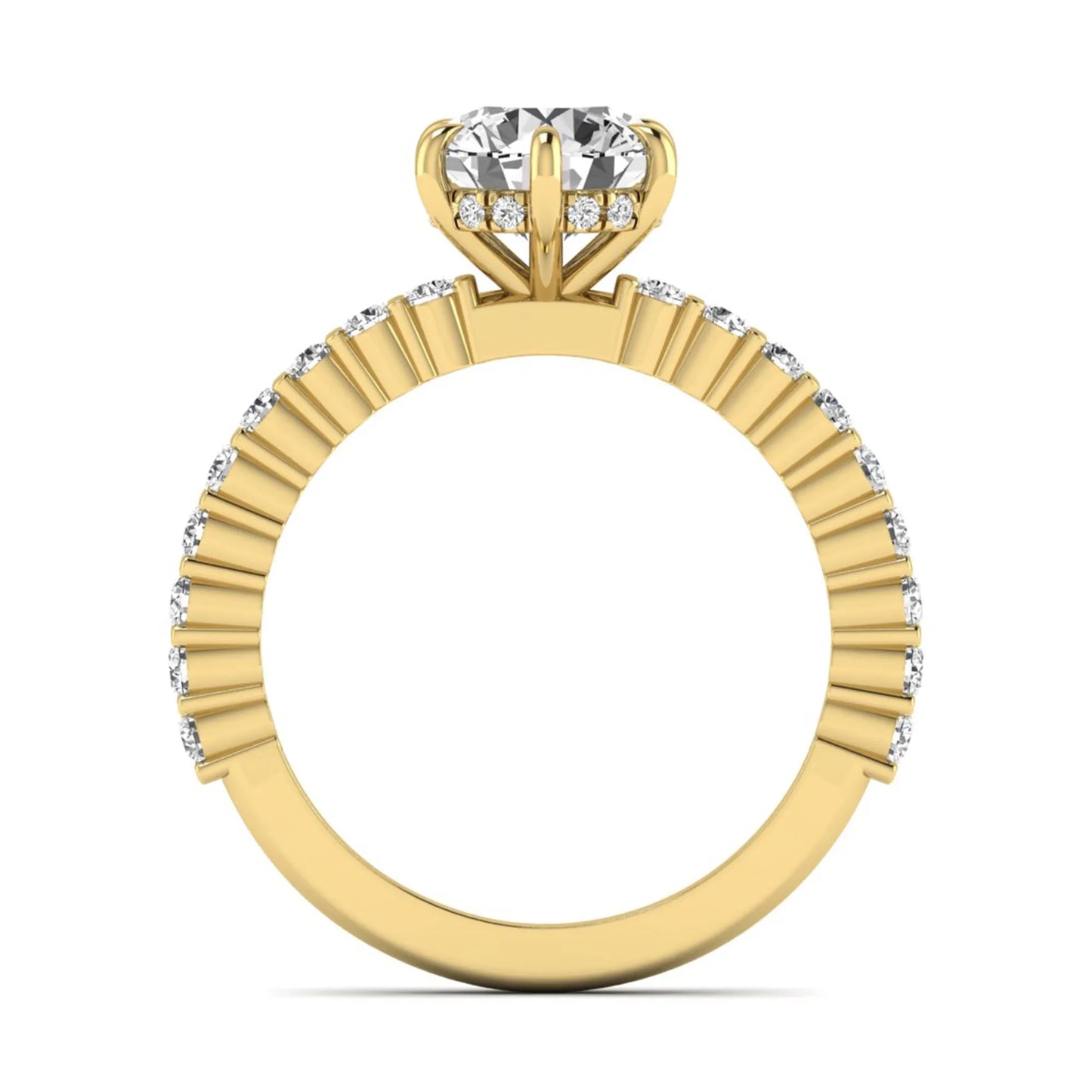 Round hidden halo lab grown diamond engagement ring featuring a round cut center diamond with pavé band in yellow gold design.