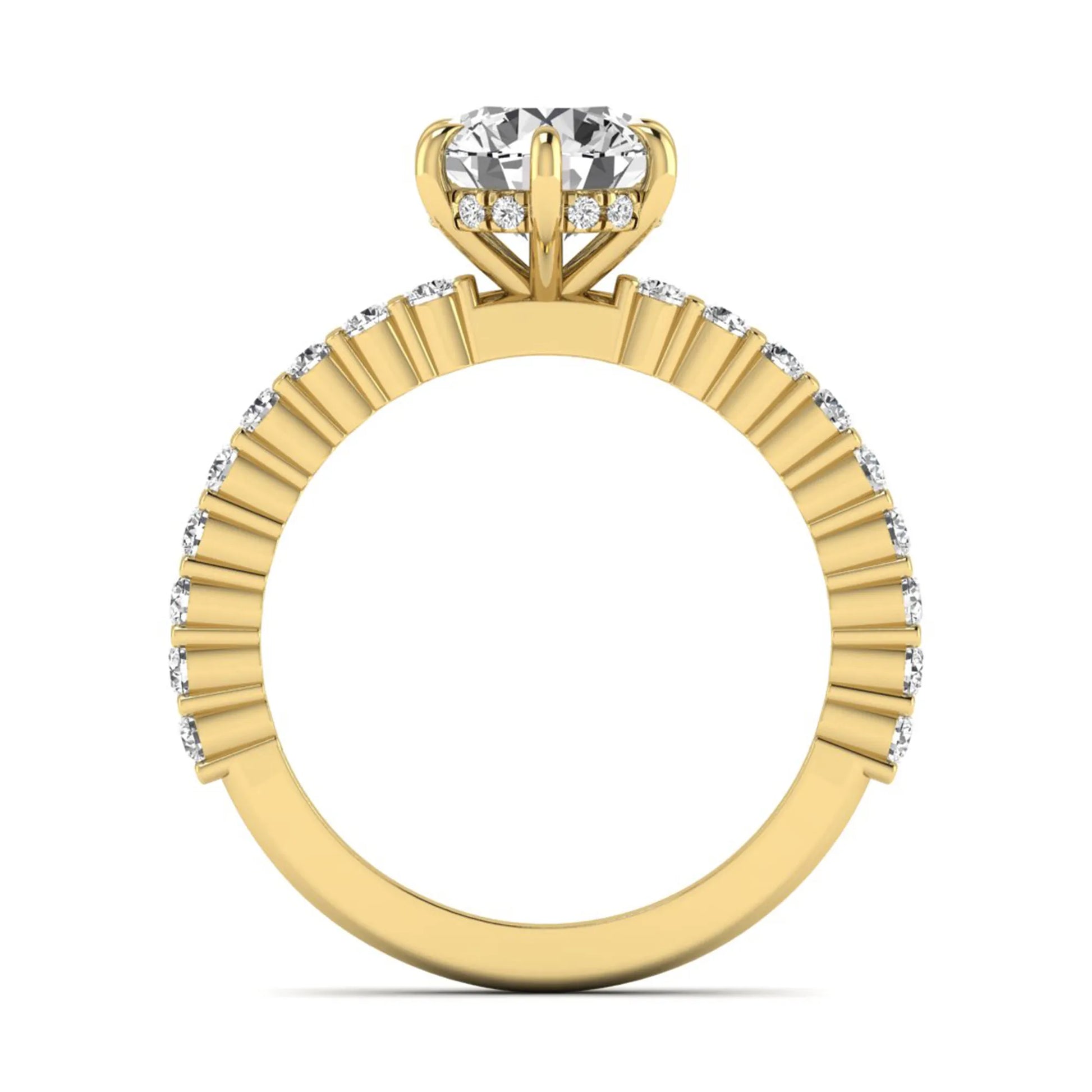 Round hidden halo lab grown diamond engagement ring featuring a round cut center diamond with pavé band in yellow gold design.