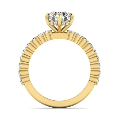 Round hidden halo lab grown diamond engagement ring featuring a round cut center diamond with pavé band in yellow gold design.