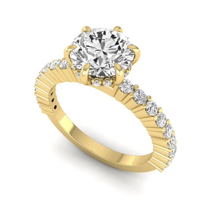 Round hidden halo lab grown diamond engagement ring featuring a round cut center diamond with pavé band in yellow gold design.