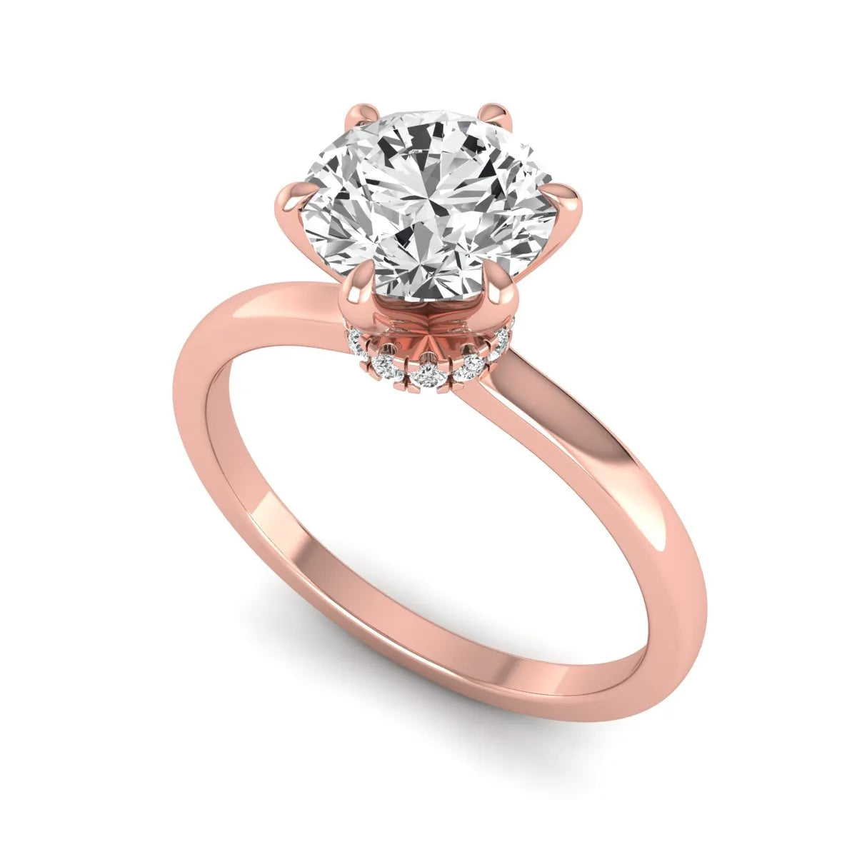Round cut lab grown diamond solitaire engagement ring with hidden halo and six-prong setting in a rose gold tone design.
