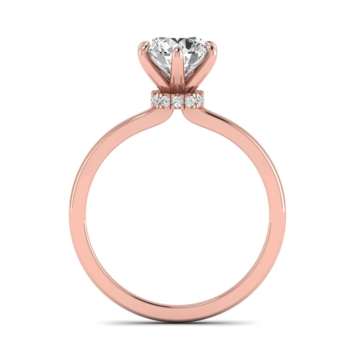 Round cut lab grown diamond solitaire engagement ring with hidden halo and six-prong setting in a rose gold tone design.