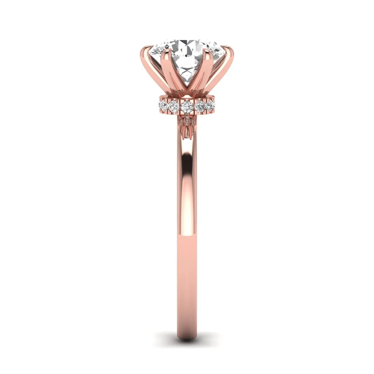 Round cut lab grown diamond solitaire engagement ring with hidden halo and six-prong setting in a rose gold tone design.