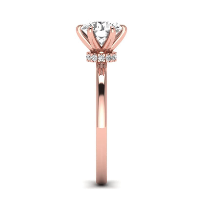 Round cut lab grown diamond solitaire engagement ring with hidden halo and six-prong setting in a rose gold tone design.