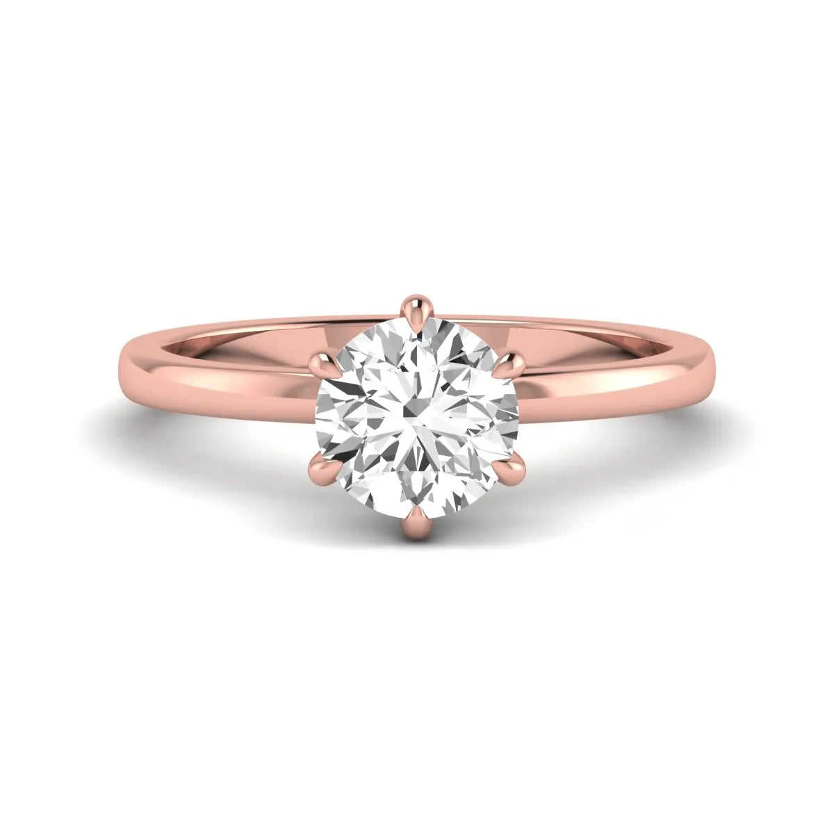 Round cut lab grown diamond solitaire engagement ring with hidden halo and six-prong setting in a rose gold tone design.