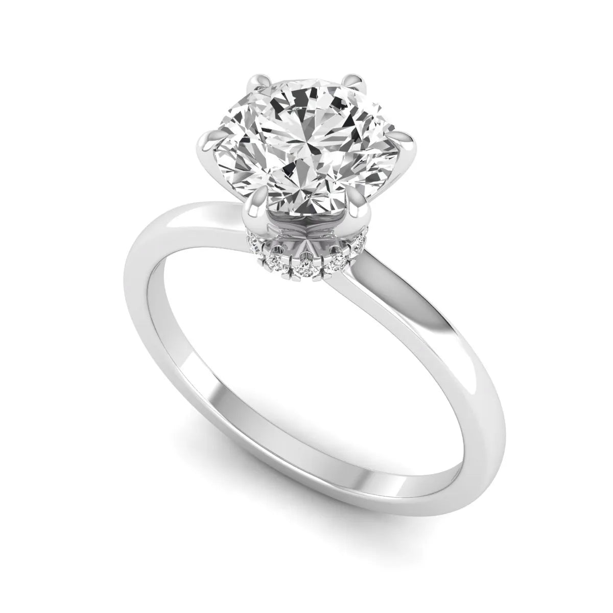 Round cut lab grown diamond solitaire engagement ring with hidden halo and six-prong setting in a white gold tone design.