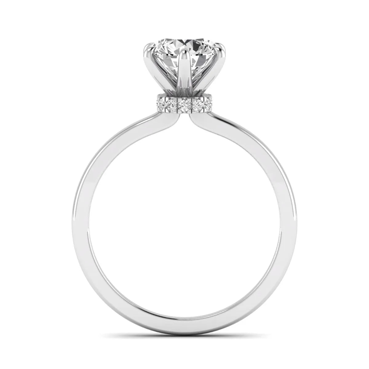 Round cut lab grown diamond solitaire engagement ring with hidden halo and six-prong setting in a white gold tone design.