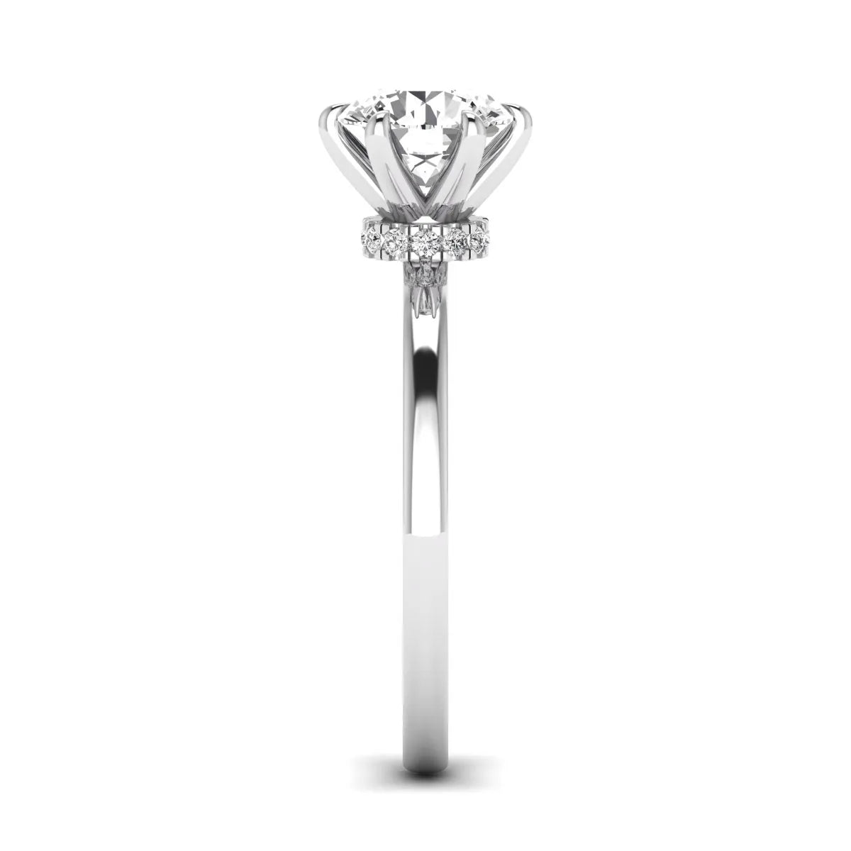 Round cut lab grown diamond solitaire engagement ring with hidden halo and six-prong setting in a white gold tone design.