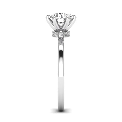 Round cut lab grown diamond solitaire engagement ring with hidden halo and six-prong setting in a white gold tone design.