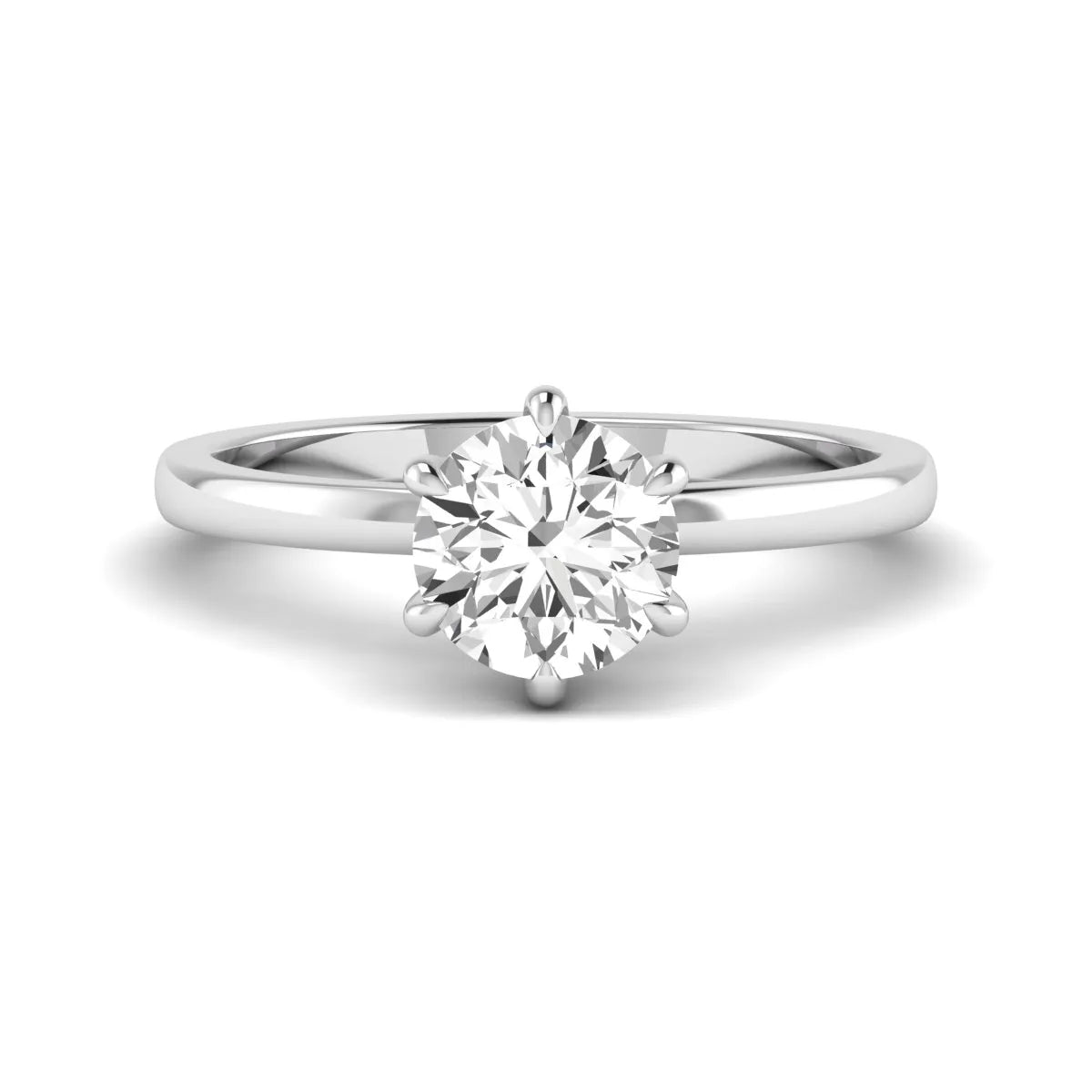 Round cut lab grown diamond solitaire engagement ring with hidden halo and six-prong setting in a white gold tone design.