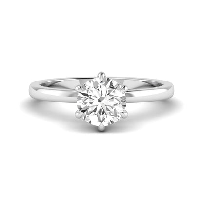 Round cut lab grown diamond solitaire engagement ring with hidden halo and six-prong setting in a white gold tone design.