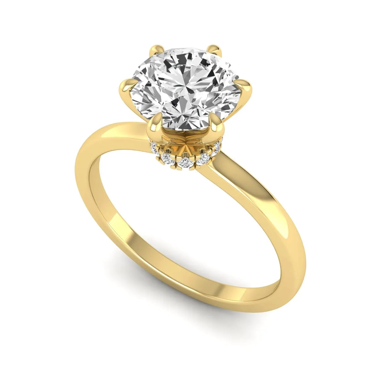 Round cut lab grown diamond solitaire engagement ring with hidden halo and six-prong setting in a yellow gold tone design.