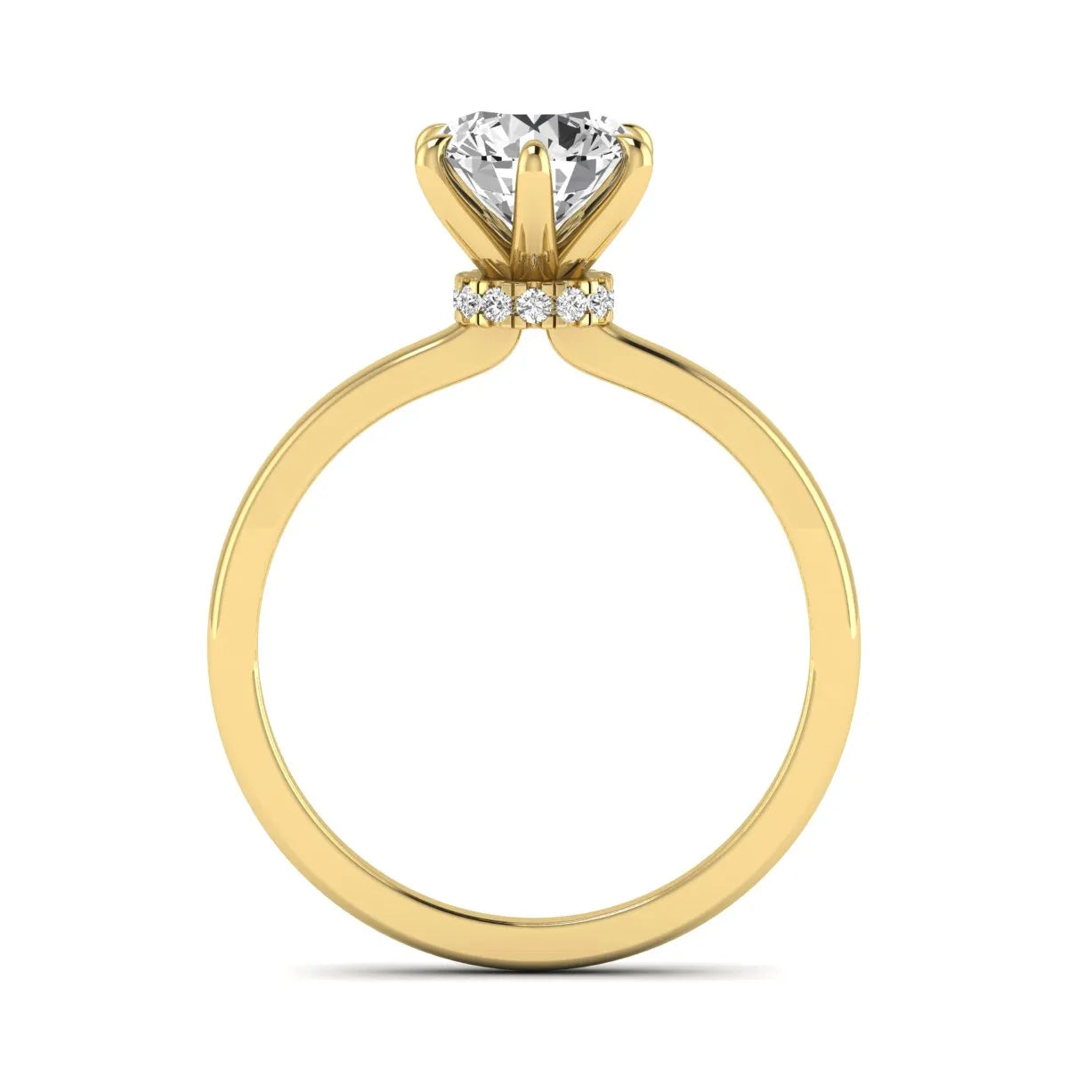 Round cut lab grown diamond solitaire engagement ring with hidden halo and six-prong setting in a yellow gold tone design.