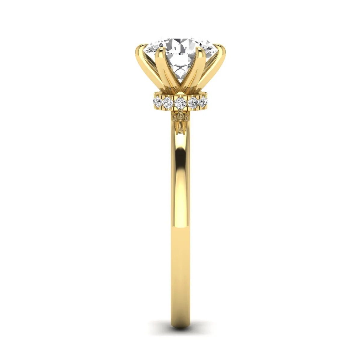 Round cut lab grown diamond solitaire engagement ring with hidden halo and six-prong setting in a yellow gold tone design.